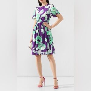 VALENTINO Lapis Printed Stretch Silk Flutter Sleeve Dress $3,400 - size 38